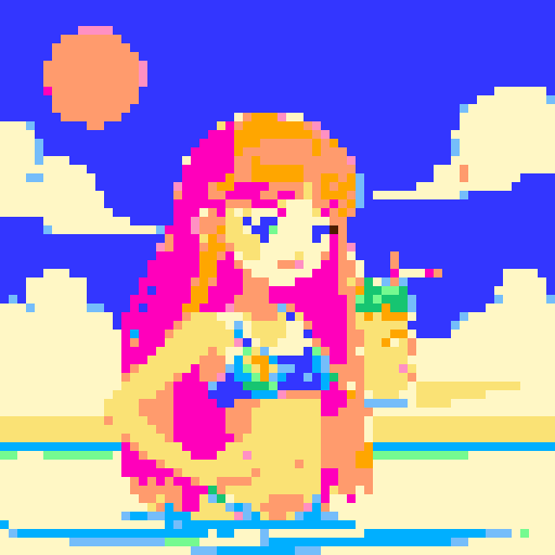 girl with long flowing hair, wearing a vibrant bikini, holding a refreshing coconut drink with a small umbrella, amidst a collection of brightly patterned beach towels, set against a sunset background