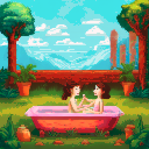 2 girls with short brown hair sitting in a bathroom, one of them in the bath, the other one on the floor. The bathroom is pretty and has a lot of plants, and sunny. Both girls look pretty and cute