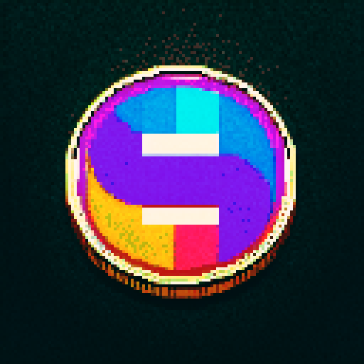 A coin with a shimmering, intricate, and vibrant infinite logo, rendered in pixel art with vivid sRGB colors