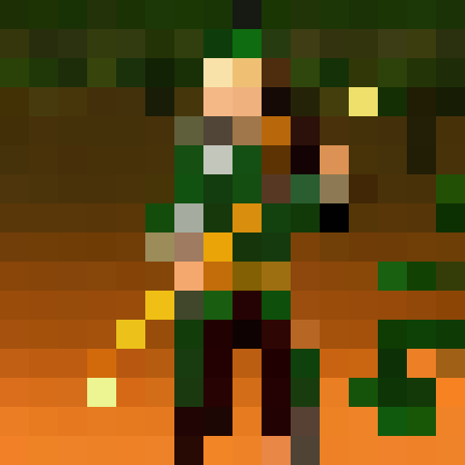 Green-hatted archer, poised with bow and arrow, stands in a mystical forest surrounded by towering trees, their leaves shimmering in the golden light of sunset, all captured in a stunning 16x16 pixel portrait, close up, portrait