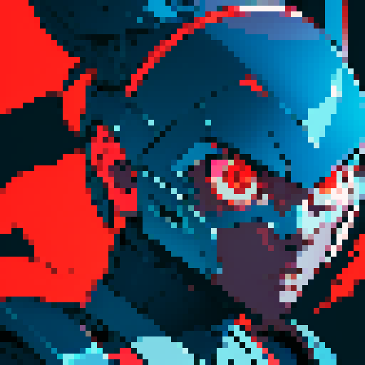 robot head, square-shaped with rounded edges, metallic silver color, glowing red eyes, wires and circuits visible, retro pixel art style, low resolution, limited color palette, jagged edges, sharp corners