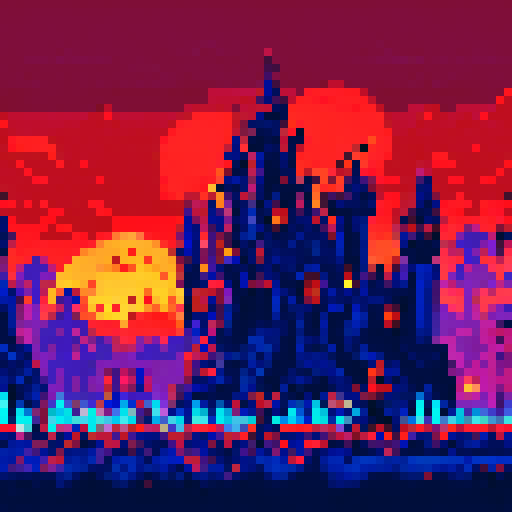 Zombie horde marching towards dilapidated buildings, abandoned streets covered in eerie darkness, flickering streetlights casting eerie shadows, overgrown vegetation reclaiming desolate landscape, broken windows reflecting scattered debris in 2D top-down pixel art style with sRGB colors, creating a haunting background landscape