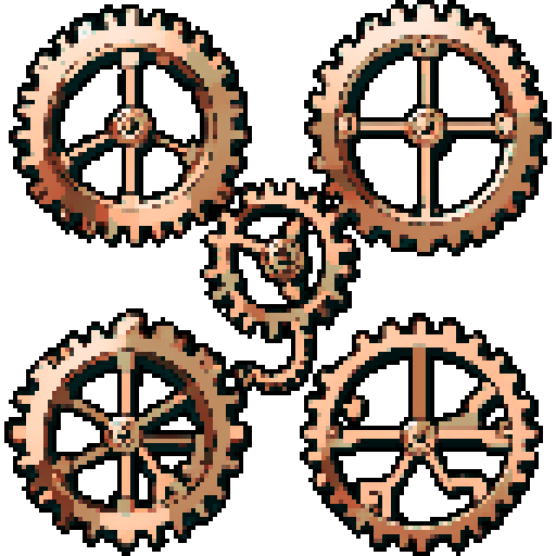 I want a copper gear that looks like it was made by a master clockmaker. It should have strange mechanical details that could interlock with each other. I also want this object usable an asset in a videogame, meaning only one object per image, outlined with a strong black stroke, on a solid-color background.