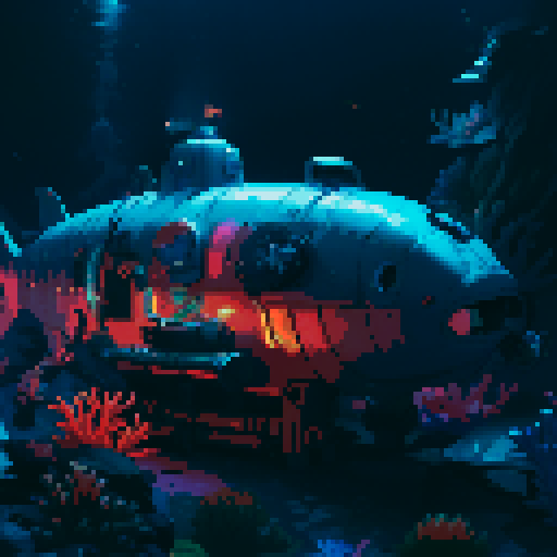 submarine, underwater, colorful, vibrant, retro, 8-bit, pixelated, deep sea, coral reefs, marine life, illuminated, glowing, exploration, portholes, periscope, propellers, mechanical, rivets, vintage, nostalgic