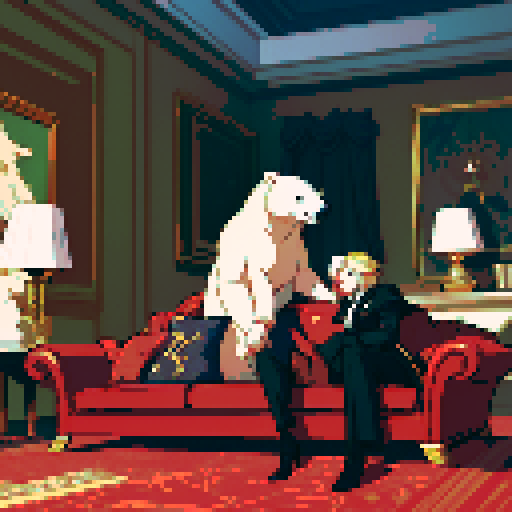 An 8-bit pixel art image featuring an anthropomorphic polar bear living a lavish lifestyle in an opulent mansion. The polar bear is dressed in a sleek tailored suit and stylish sunglasses, exuding wealth and confidence as he lounges on a plush velvet sofa in the center of a grand living room. The mansion's interior boasts intricate 8-bit details: a sparkling crystal chandelier hanging from the high ceiling, gold-plated accents on the furniture, and a roaring pixelated fireplace. To emphasize his