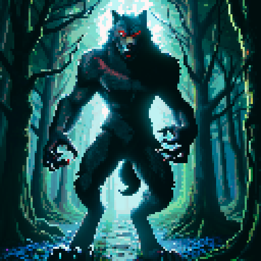 a werewolf, standing in the forest, red eyes, slightly bent forward