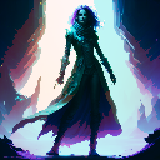 female necromancer, long dark hair, full body, action pose, swirling purple and green magic, mysterious ruins, ethereal glow, intricate staff, tight fitting flowing robes, intense gaze, dark shadows, ancient spellbook, fantasy Medieval RPG