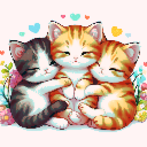 3 cute kitten cuddled together, in different colors, colorfull children's illustration