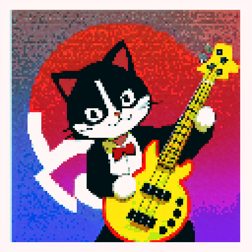 cat playing bass, meme style, pixel art, sRGB