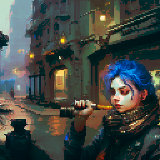 blue haired girl smoking cigarette, and man on the left holding gun, night time rainy streets, grim