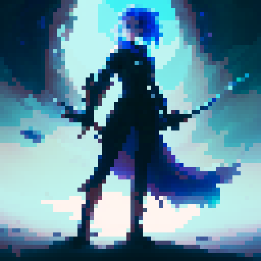 Blue-haired anime girl, standing on a crescent moon with a sword in hand and bikini armor, surrounded by twinkling stars in a fantasy RPG-inspired style