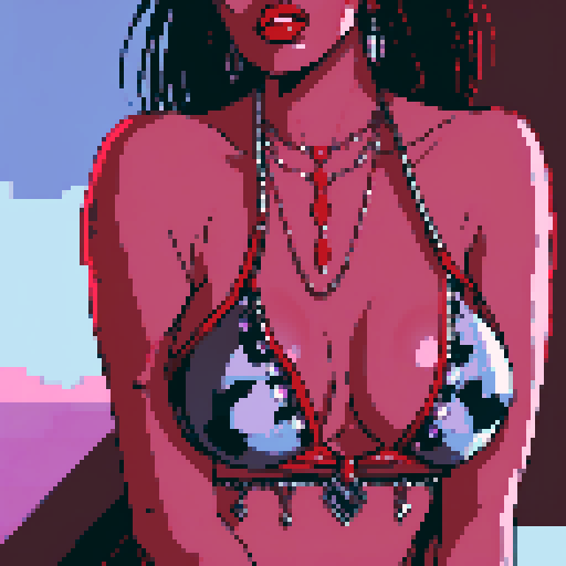 busty goth girl, with black hair, black eyeshadow and red lipstick. wearing bikini and studded collar, sexy glamour shot, vibrant srgb colors, edgy aesthetic