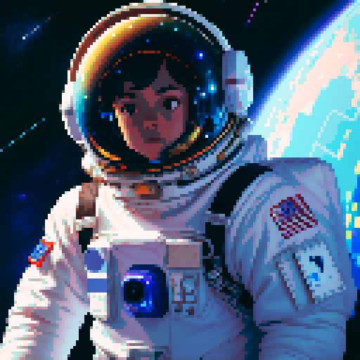 androgynous astronaut, vibrant spacesuit, floating gracefully, starry backdrop, nebula hues, pixelated stars, determined gaze, reflective clear visor, visible face, cosmic energy, self-discovery in space, sRGB, pixel art