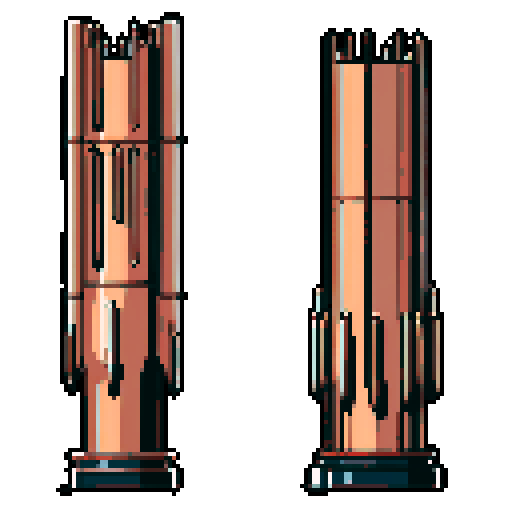 I want a tall vertical copper structure reminiscent of a organ pipe. It should have strange mechanical details that could interlock with each other. I also want this object usable an asset in a videogame, meaning only one object per image, outlined with a strong black stroke, on a solid-color background.