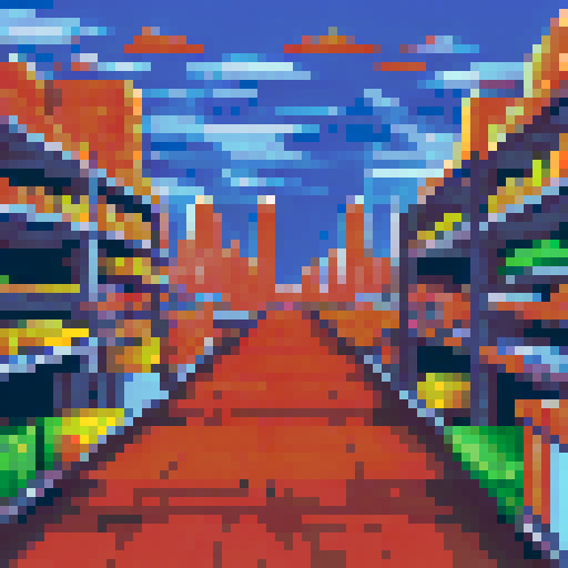 pixelated, colorful, stacks of cardboard boxes, neatly organized, towering shelves, faded retro signage, fluorescent lights, dust particles in the air, a forklift in the corner, conveyor belts, mechanical noises, crates filled with tools, vintage machinery, paint splatters on the floor, rusted metal beams