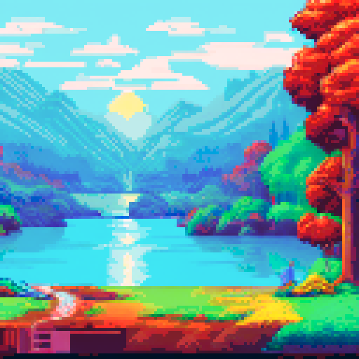 pixel art of a serene landscape of trees and water, and a sunrise with the sun clearly visible in the middle. Bright scene. Foliage and flowers in the forefront. use of simple primary colors of red blue yellow and green. high saturation