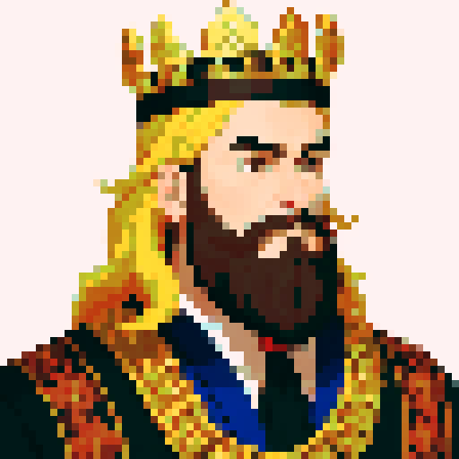 dragon, regal, crown, majestic, stoic expression, sharp features, detailed beard, gold accents, royal robe, intricate embroidery, game icon, 32x32 pixel art, sRGB, skill art, close up, portrait