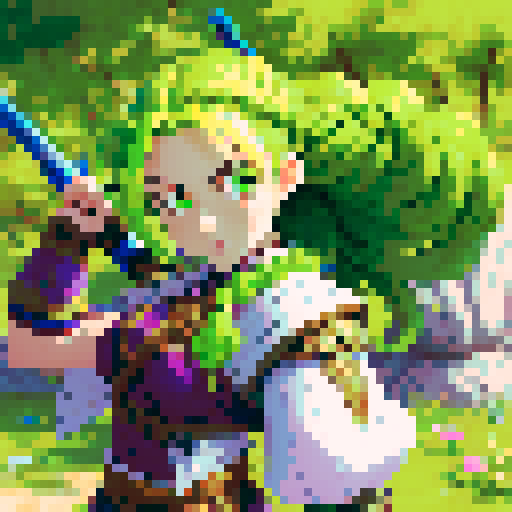 female warrior, vibrant green hair with braids, large sword, fantasy RPG character portrait