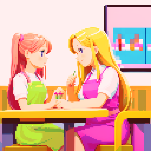 A girl with long blonde hair wearing a pink apron and a friend with short brown hair sitting in front of each other at a table in a nail salon. 