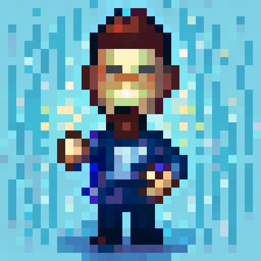 Character with vibrant green hair and glowing yellow eyes, wearing a purple cape and a golden crown, with a mischievous smile and a playful expression, waving their hand in a friendly gesture, against a pixelated background of a fantasy world with floating islands and colorful creatures, reminiscent of a 32x32 pixel art game icon