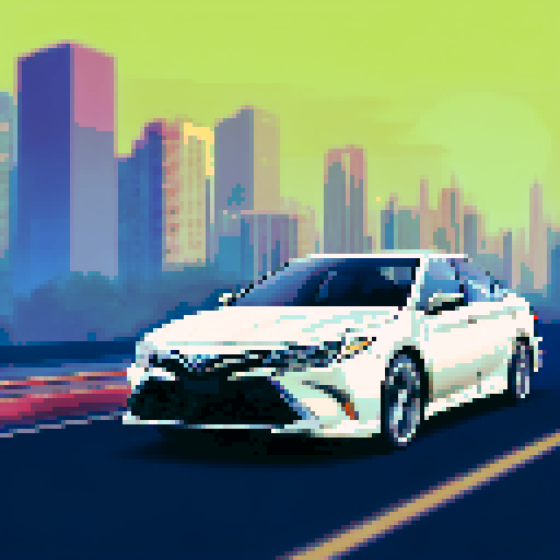 Photorealistic whole Toyota Camry, centered, three-quarter view, right front wheel, clean background, realistic colors, pixel art style
