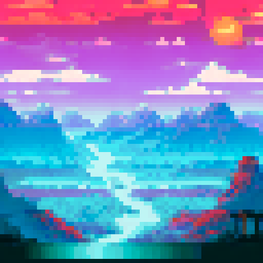 Mars, red and barren, with towering rocky mountains, a pixelated landscape stretching into the distance, all bathed in the vibrant colors of an sRGB palette