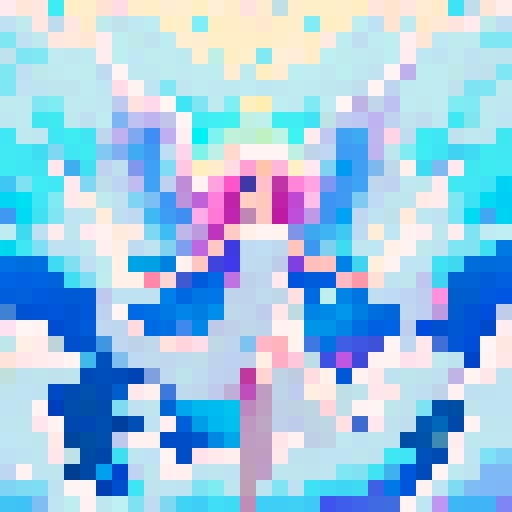 Beautiful ethereal angel with chrome wings, flowing hair, and a serene expression, floating in a dreamlike landscape of pastel clouds and shimmering stars, rendered in pixel art with crisp, defined lines and a vibrant sRGB color palette