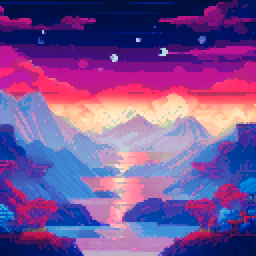 Moonlit mountain range towering over a tranquil lake, surrounded by glowing fireflies and shooting stars in a star-studded night sky