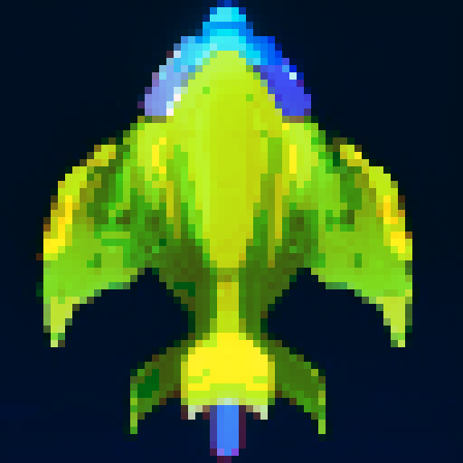 spaceship, overhead view, retro pixel art, vibrant colors, sleek design, glowing thrusters, transparent background, futuristic technology, metallic hull, intricate details, cockpit window, planets in the distance