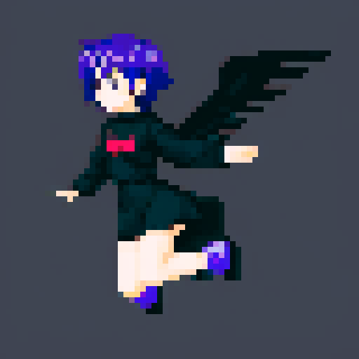 Purple haired anime character, wearing black clothes with a black angel wing casting a spell