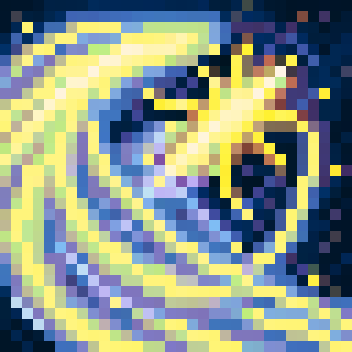 Shimmering golden mini star with pointed edges, surrounded by twinkling purple and blue galaxy background, rendered in 32x32 pixel art with skillful shading and intricate details for a captivating game icon close-up portrait