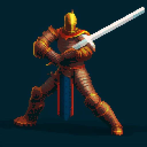pixel art picture of a human male knight swinging a great sword with both hands, vibrant colors, detailed shading, and smooth lines, heavy armor, combat stance, muscular build, armored helmet, deep red and gold armor, detailed sword, detailed shading, smooth lines