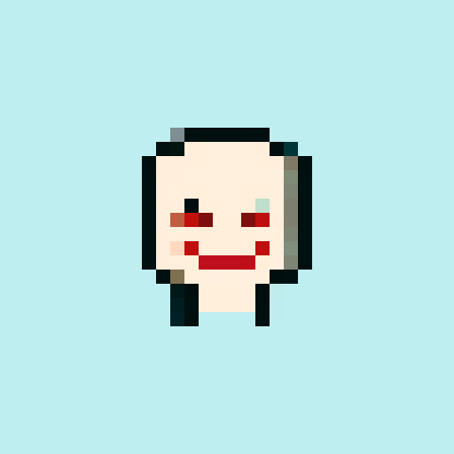 devil, fiery red, horns, sharp teeth, glowing yellow eyes, menacing grin, pixel art, vibrant colors, sRGB