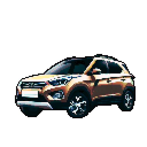 Photorealistic, centered Hyundai Creta in a three quarter view, right wheel in front, clean background, pixel art style with sRGB colors