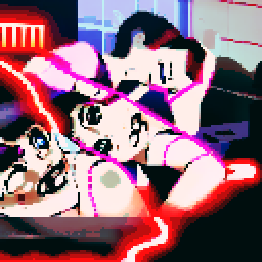 Two figures, entwined and lost in passion, their bodies illuminated by a neon glow that highlights every contour and curve, rendered in a pixel art style that captures every intricate detail of their anatomy and the raw, unbridled energy of their lovemaking, their faces flushed with pleasure and their eyes locked in an intimate gaze that speaks of deep connection and mutual desire