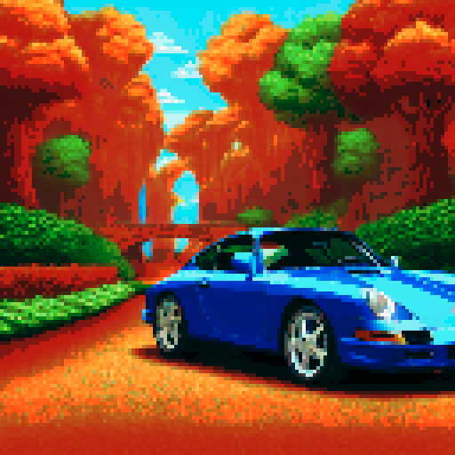 Photorealistic whole Porshe 911, three-quarter view, right front wheel, clean background, sRGB colors, pixel art style
