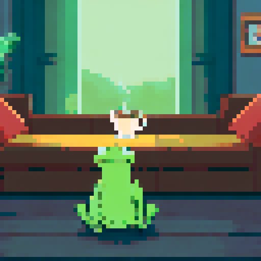 In the cozy ambiance of a dimly lit room, a small, jovial frog perches comfortably upon a plush couch chair, its diminutive size emphasized by the vastness of the furniture. The flickering flames of a nearby fireplace cast a warm glow, enveloping the space in a soft, golden light, creating an atmosphere of comfort and relaxation. With a mug clasped delicately between its tiny webbed fingers, the contented frog takes a sip of steaming coffee, its expression reflecting pure bliss, CUTE, KAWAII ART