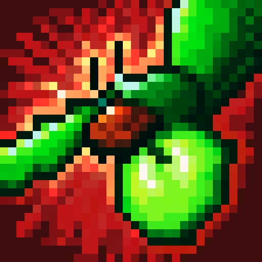 "Pixelated green ant crawls near a red apple in a retro-style game icon close-up portrait, set against a black command terminal screen with code-like details."