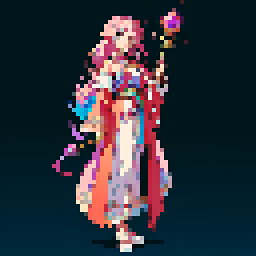legendary anime girl wizard, long flowing hair, vibrant and dynamic colors, glowing magical staff, intricate and ornate robes, intense and focused expression looking to the right, not wearing shoes, sparkling and shimmering background, detailed and precise pixel art
