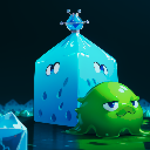 Blue Slime cube, Gelatinous cube, wearing crown, giant Slime, boss fight