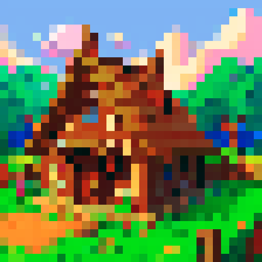 woodcutter building, medieval style, Stardew Valley, front perspective, rustic wooden structure, thatched roof, stone foundation, lush green surroundings, pixelated details, vibrant colors, sRGB