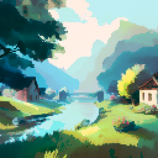 A scenery from the top of the mountain of a serene farm village and field during autumn