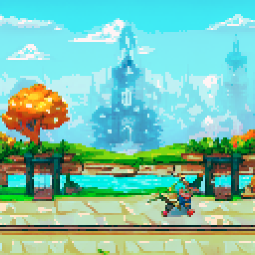 a pixel park with city background