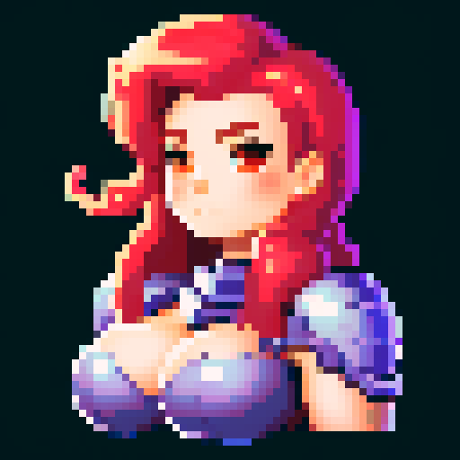 strong, busty, pixelated tavernkeeper woman portrait with non-vibrant colors, emphasized facial features