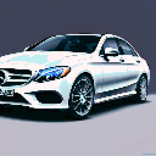 Photorealistic whole Mercedes C Class, three-quarter view, right front wheel, clean background, sRGB colors, pixel art style