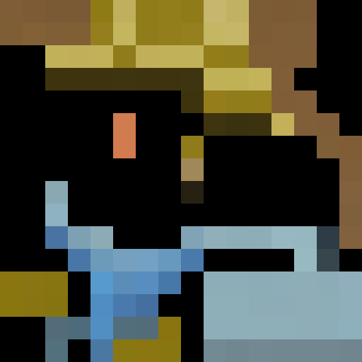 A pixelated wizard, with a long white beard, casting a spell with glowing blue eyes, in a close up portrait style for a game icon in 16x16 resolution.