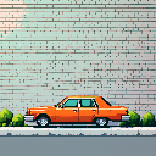 orange sedan hitting a white brick wall