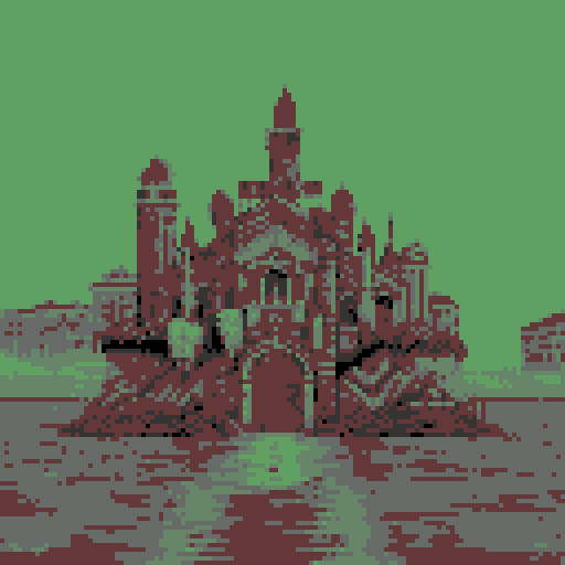 Post apocalyptic Venice, Italy as a pixelart background for a game. Stone castles and buildings with moss. Murky background.