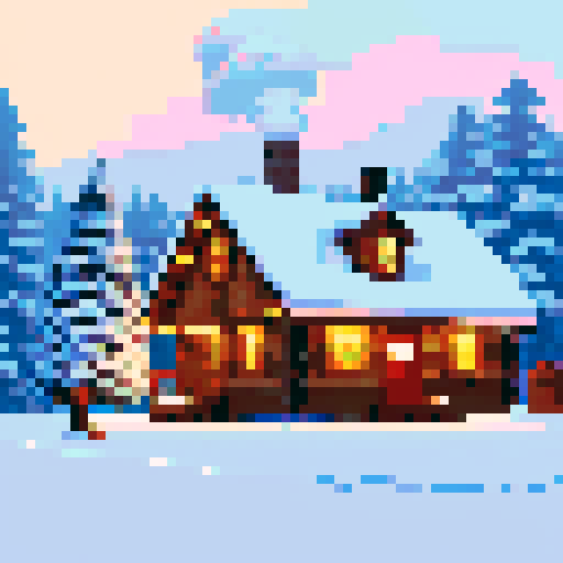 snow-covered cabin, surrounded by tall pine trees, smoke rising from the chimney, warm glow radiating through the frost-covered windows, icicles hanging from the roof, chimney bricks made of pixel art, cozy atmosphere, pixelated smoke wafting from the chimney, vibrant sRGB colors highlighting the snowy landscape