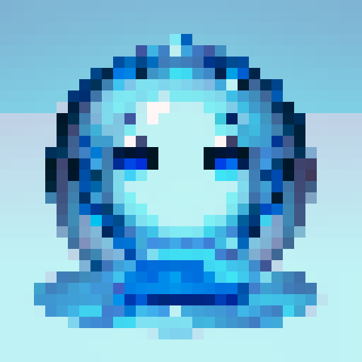 A mystical, semi-transparent blob with a glossy surface and a soft, ethereal glow. The body is a deep blue color with swirling, shimmering patterns inside. It has large, expressive eyes with star-like pupils and a serene smile. Small bubbles of various sizes float within its gelatinous form. No background.
